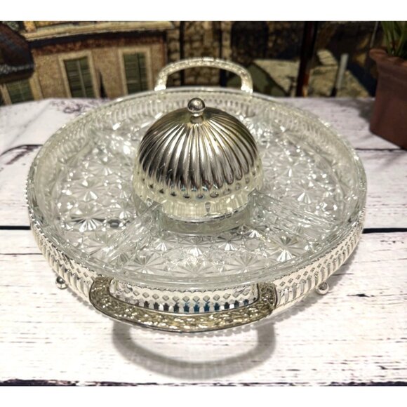 Vintage Silver-Plated Glass Relish Tray With Lid & Handles - Picture 3 of 13
